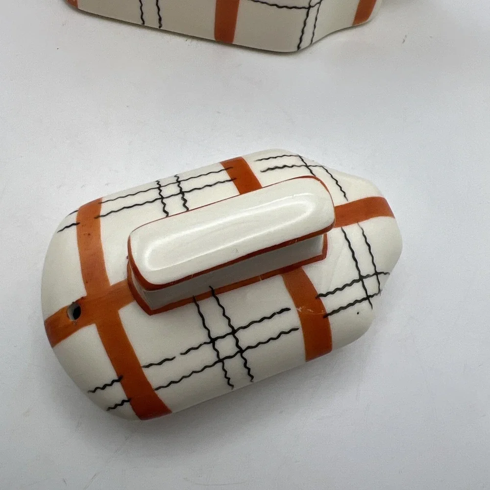 Vtg Gold Castle Japan Plaid Teapot Art Deco Orange Windowpane Check Spout Crack